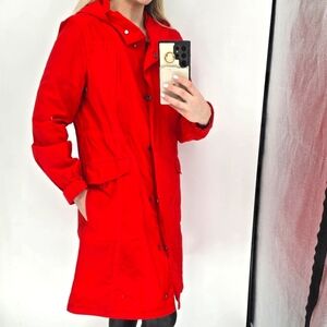 Eileen Fisher red hoodie mid leghnth windbreaker trench jacket small Petit